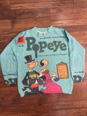 Popeye Sweater RARE Bell 1960 Magazine Cover Sailor Olive Oil Green Pullover